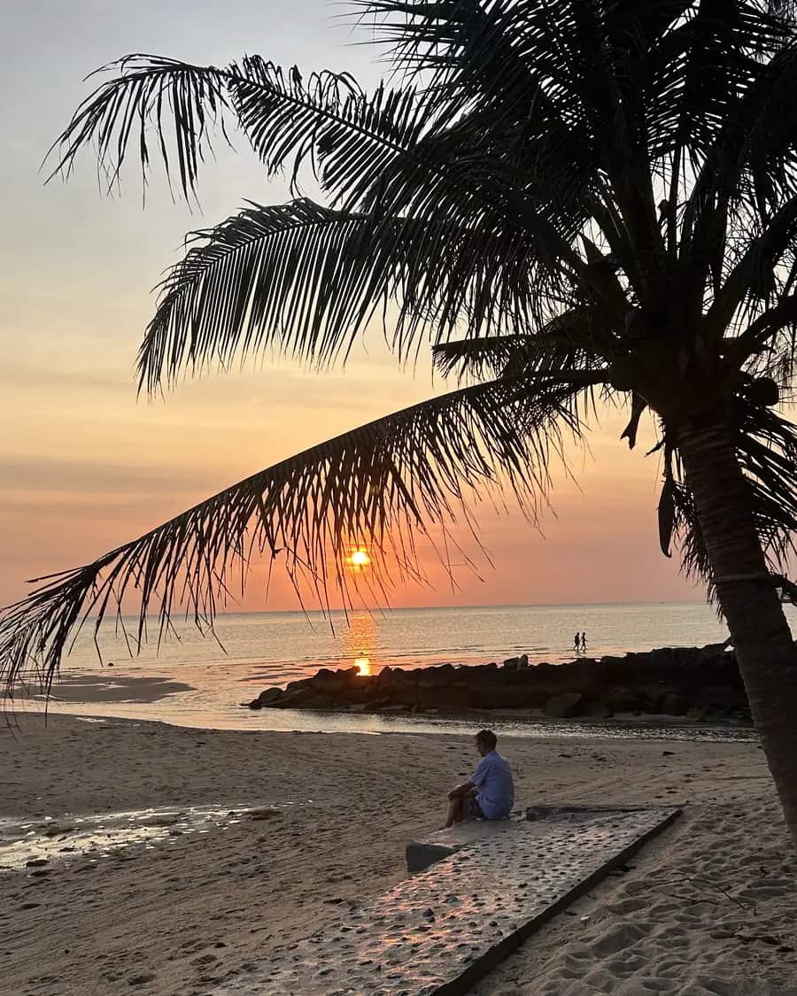 Coucher de soleil sur une plage de Phuket : un homme assis sur une plateforme de bois posée sur le sable, sous un cocotier, face à la mer d'Andaman